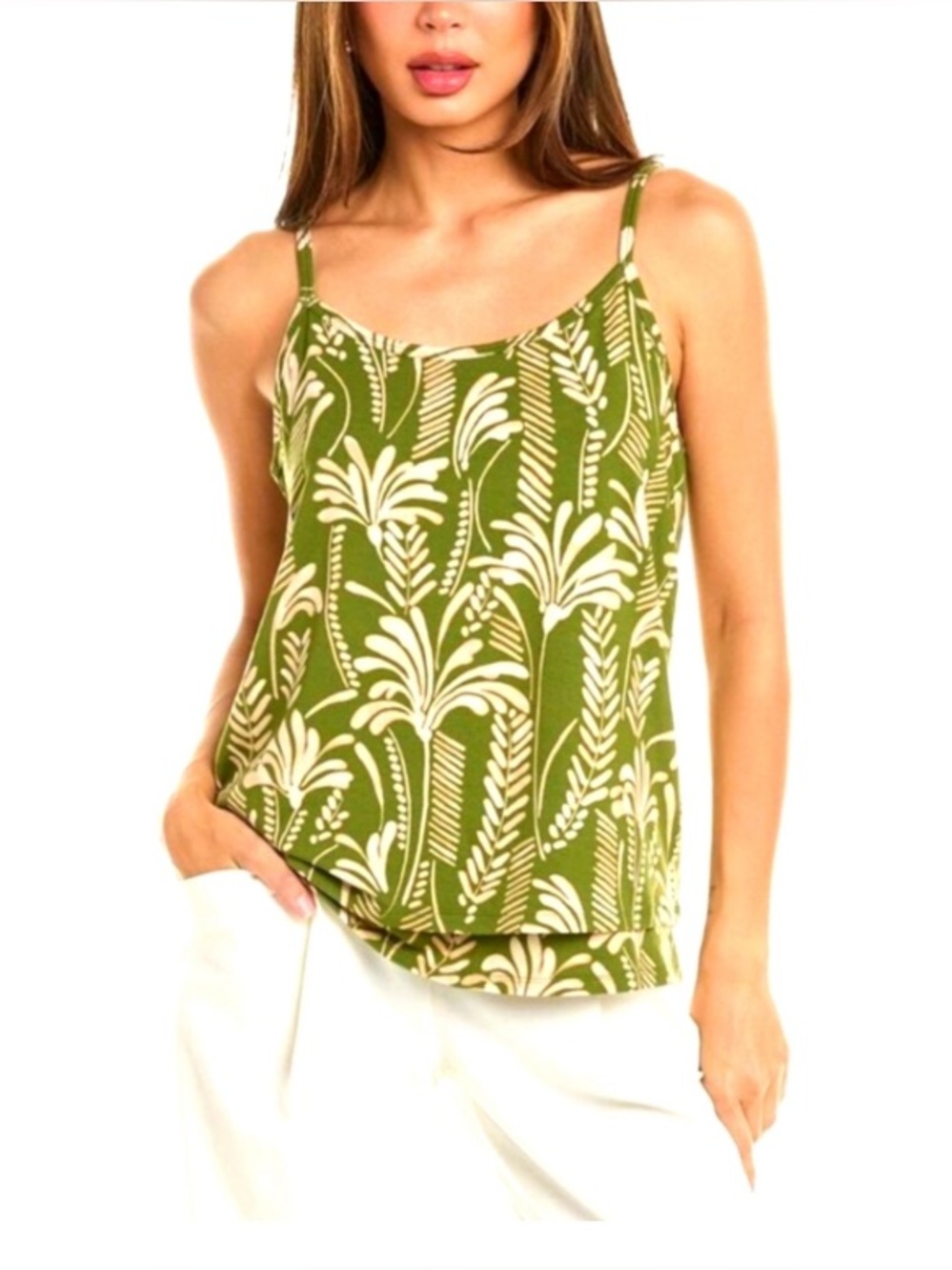 NWT CAbi Balcony Cami Olive & Tan Botanical Print Layered Tank Top Camisole, M